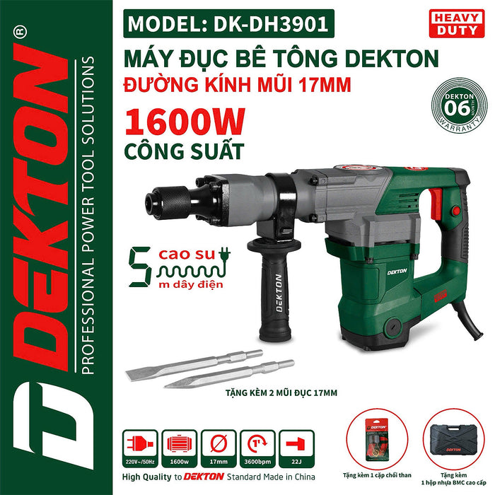 Máy đục bê tông 17mm Dekton DK-DH3901 công suất 1600W, lực đập 22J