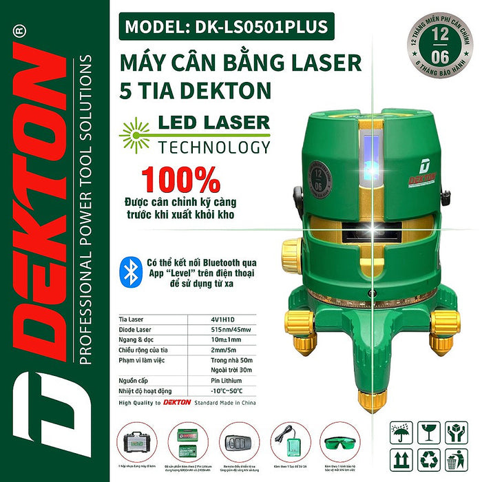 Máy cân mực Laser 5 tia xanh Dekton DK-LS0501PLUS dùng pin Lithium, phạm vi đo 50m có remote điều khiển từ xa