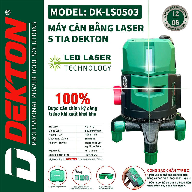 Máy cân mực Laser 5 tia xanh Dekton DK-LS0503 dùng pin Lithium, phạm vi đo 50m có remote điều khiển từ xa