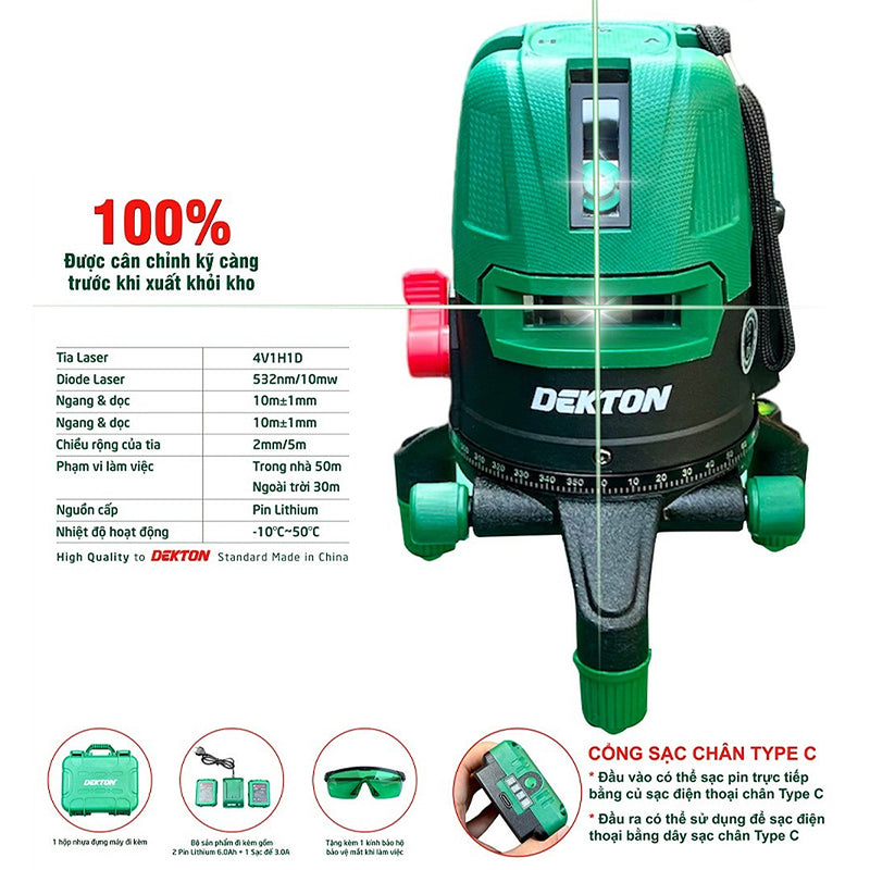 Máy cân mực Laser 5 tia xanh Dekton DK-LS0505 dùng pin Lithium, phạm vi đo 50m có remote điều khiển từ xa