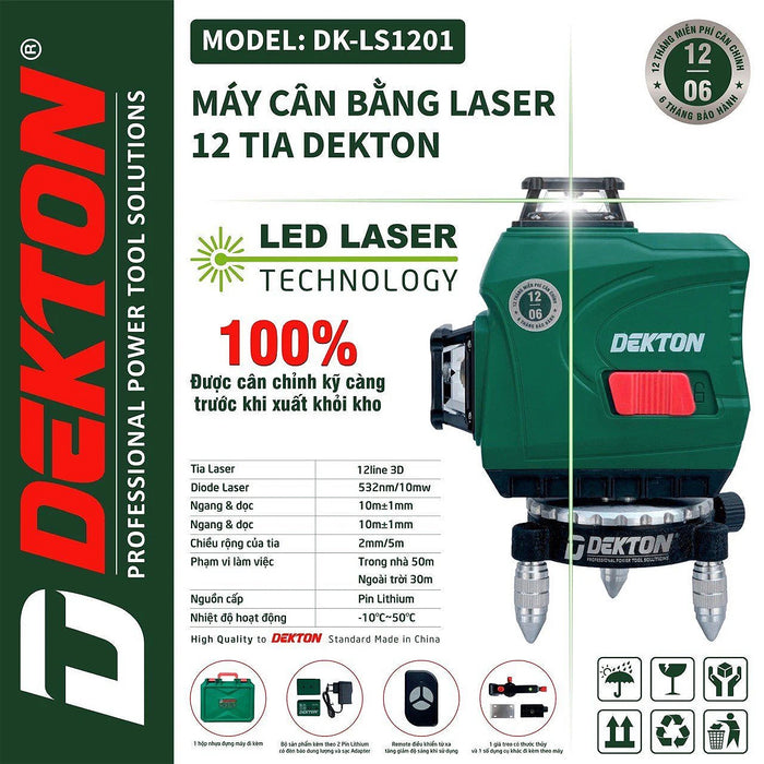 Máy cân mực Laser 12 tia xanh Dekton DK-LS1201 dùng pin Lithium, phạm vi đo 50m có remote điều khiển từ xa
