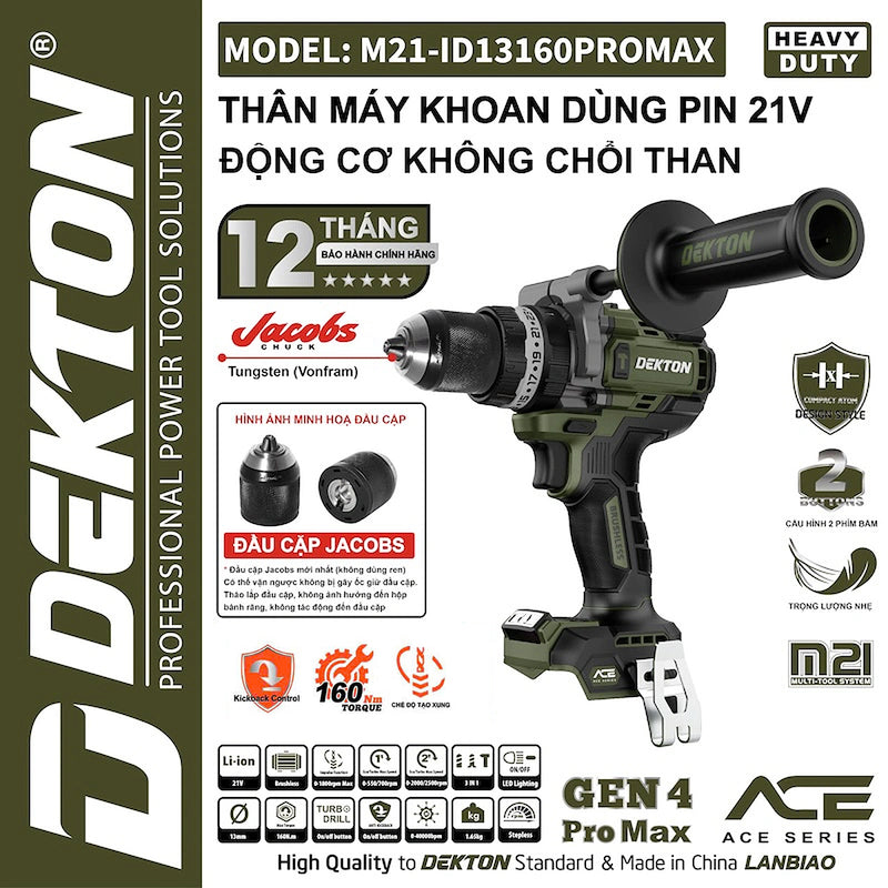 Máy khoan động lực dùng pin 21V Dekton M21-ID13160PROMAX, lực siết 160Nm (Chỉ có thân máy)