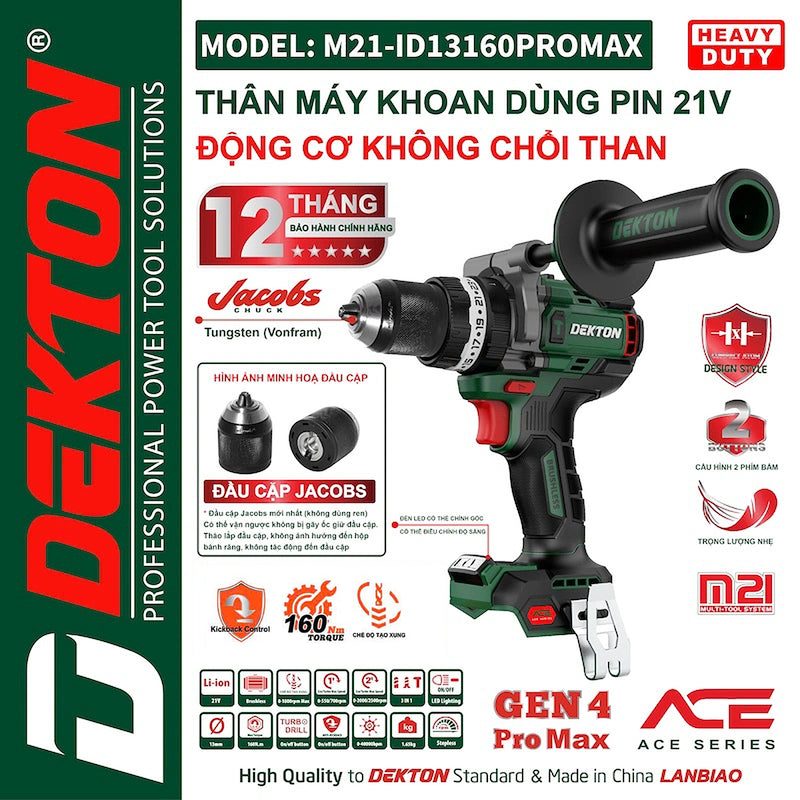 Máy khoan động lực dùng pin 21V Dekton M21-ID13160PROMAX, lực siết 160Nm (Chỉ có thân máy)