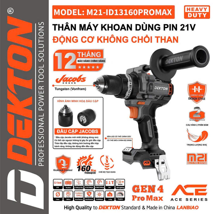 Máy khoan động lực dùng pin 21V Dekton M21-ID13160PROMAX, lực siết 160Nm (Chỉ có thân máy)