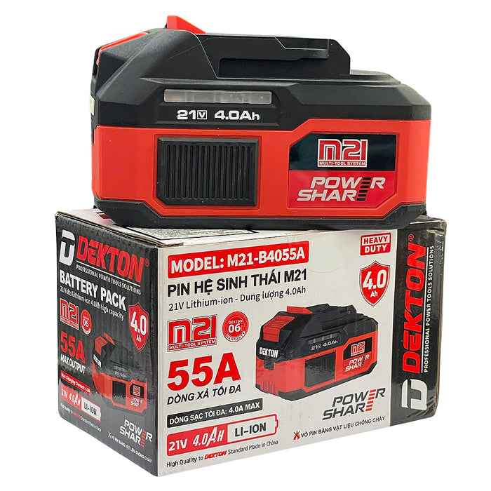 Pin sạc 21V 4.0Ah Dekton M21-B4055A dòng xả 55A, chất liệu vỏ chống cháy