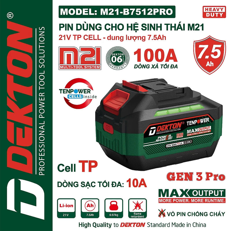 Pin 21V 7.5Ah Dekton M21-B7512PRO, vỏ pin chống cháy, dòng xả tối đa 100A