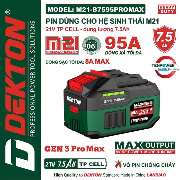 Pin 21V 7.5Ah Dekton M21-B7595PROMAX, vỏ pin chống cháy, dòng xả tối đa 95A