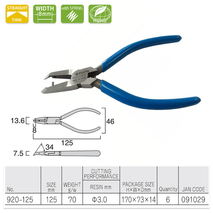 Kìm cắt nhựa fujiya 920-125, cắt sát mép theo chiều nghiêng. kích thước 125mm, tiêu chuẩn RoHS. Xuất xứ Nhật bản