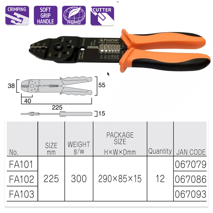 Kìm tuốt dây và bấm đầu cose đa năng Fujiya FA101/102/103 Series, kích thước 225mm tiêu chuẩn RoHS. Xuất xứ Đài loan