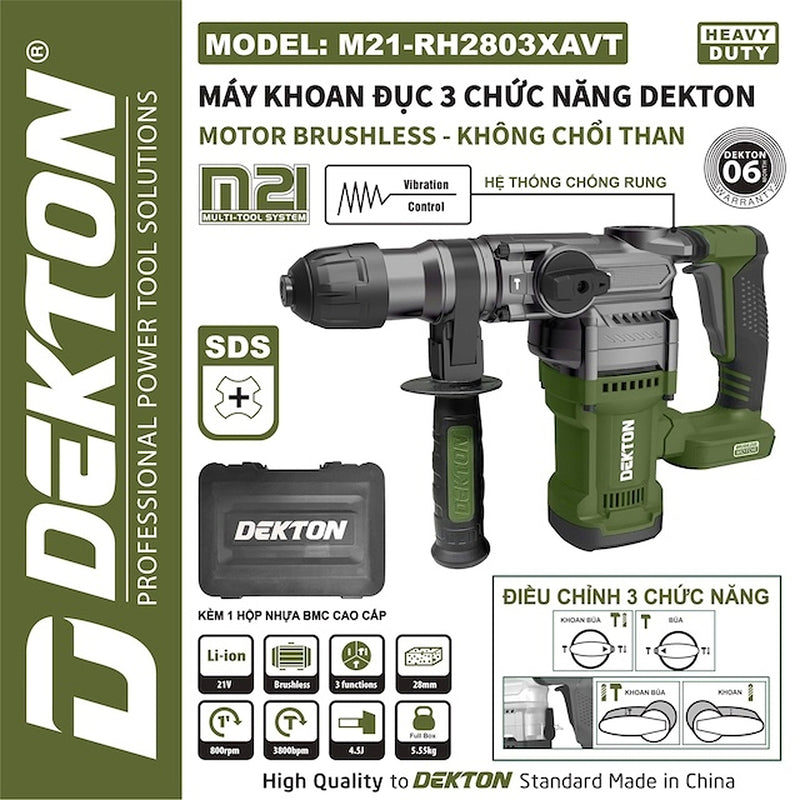 Máy khoan bê tông 3 chức năng Dekton M21-RH2803XAVT, dùng pin 21V, lực đập 4.5J, đuôi gài SDS-Plus