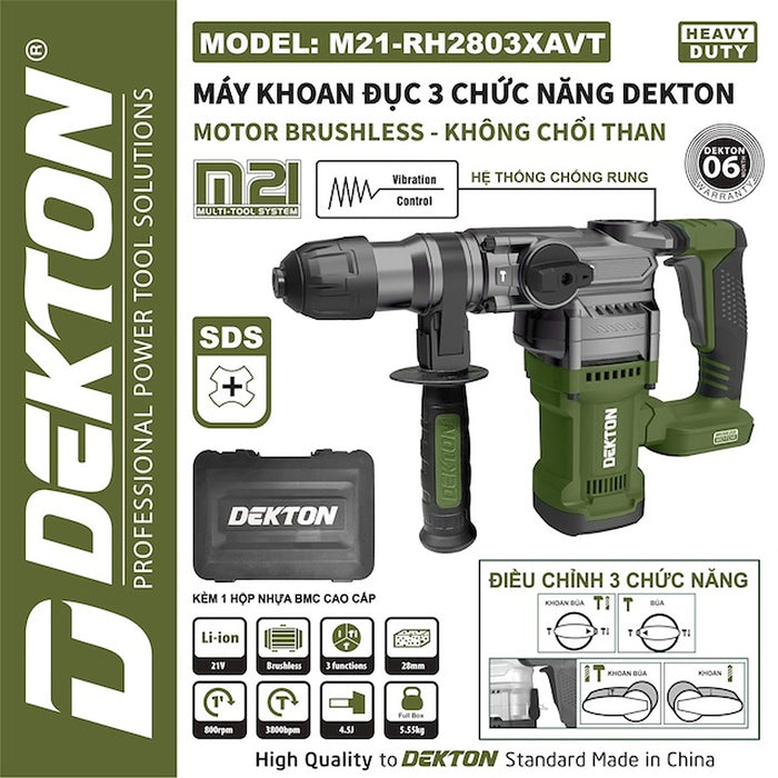 Máy khoan bê tông 3 chức năng Dekton M21-RH2803XAVT, dùng pin 21V, lực đập 4.5J, đuôi gài SDS-Plus