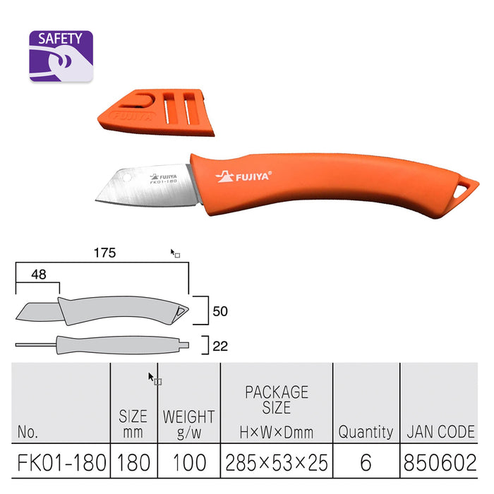 Dao cắt gọt dây cáp điện Fujiya FK01-180, kích thước 180mm. Mép lưỡi thiết kế đặc biệt để dễ tách dây điện