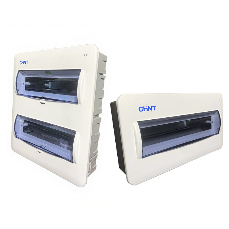 Tủ điện âm tường mặt nhựa có đèn báo Chint NX8 lắp được từ 5 ~ 24 đường (5~24 module). Tiêu chuẩn CE