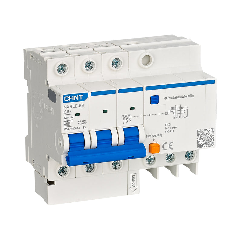 Cầu dao chống giật kết hợp với bảo vệ quá tải, ngắn mạch Chint NXBLE-32/63, tải định mức từ 6A ~ 63A, dòng cắt 6kA, dòng rò 30mA