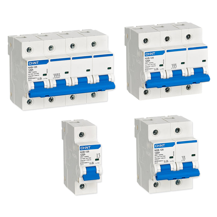 Cầu dao tự động loại nhỏ MCB Chint NXB-125 series, tải danh định từ 63A - 125A, dòng cắt 10kA. Tiêu chuẩn quốc tế 
