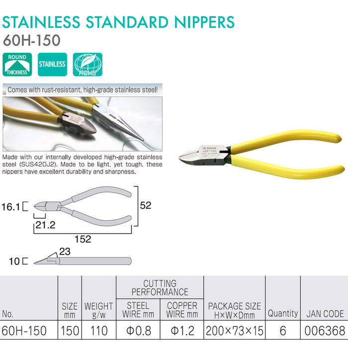 Kìm cắt chéo mini lưỡi tròn Fujiya 60H-150, kích thước 150mm, chất liệu thép không gỉ. Tiêu chuẩn RoHS