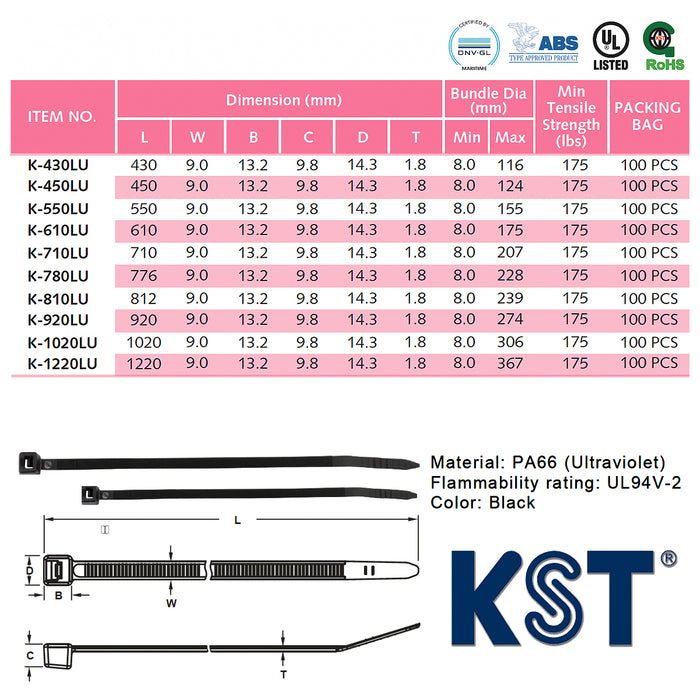 Dây rút nhựa đen KST cao cấp chống tia UV và chịu thời tiết khắc nghiệt, tiêu chuẩn quốc tế, dài 430mm -1220mm, bản rộng 9mm (Size LU)