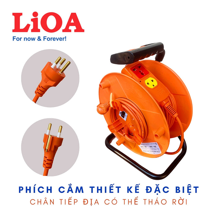 Ổ cắm nối dài rulo tay quay LIOA HybridX-Series, dây tiếp địa (3 lõi), có Aptomat (CB) chống quá tải. Thiết kế chống xoắn dây