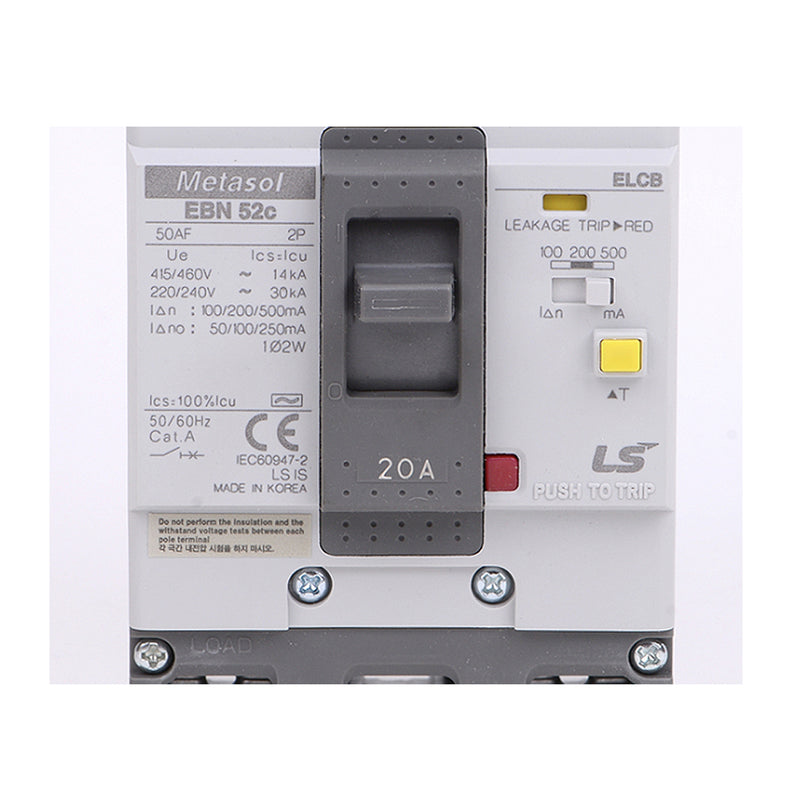 Cầu dao chống giật ELCB 2P LS bảo vệ quá tải, ngắn mạch và chống rò, tải định danh từ 15A ~ 100A, dòng cắt 5kA ~35kA, dòng rò 30mA