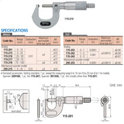 Panme Mitutoyo Series 115 đo độ dày thành ống, với đầu đo hình cầu, dải đo 0-25mm, chính xác cao cho ống thép, ống đồng.