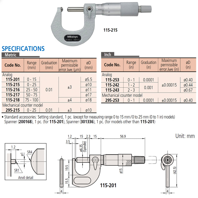 Panme Mitutoyo Series 115 đo độ dày thành ống, với đầu đo hình cầu, dải đo 0-25mm, chính xác cao cho ống thép, ống đồng.