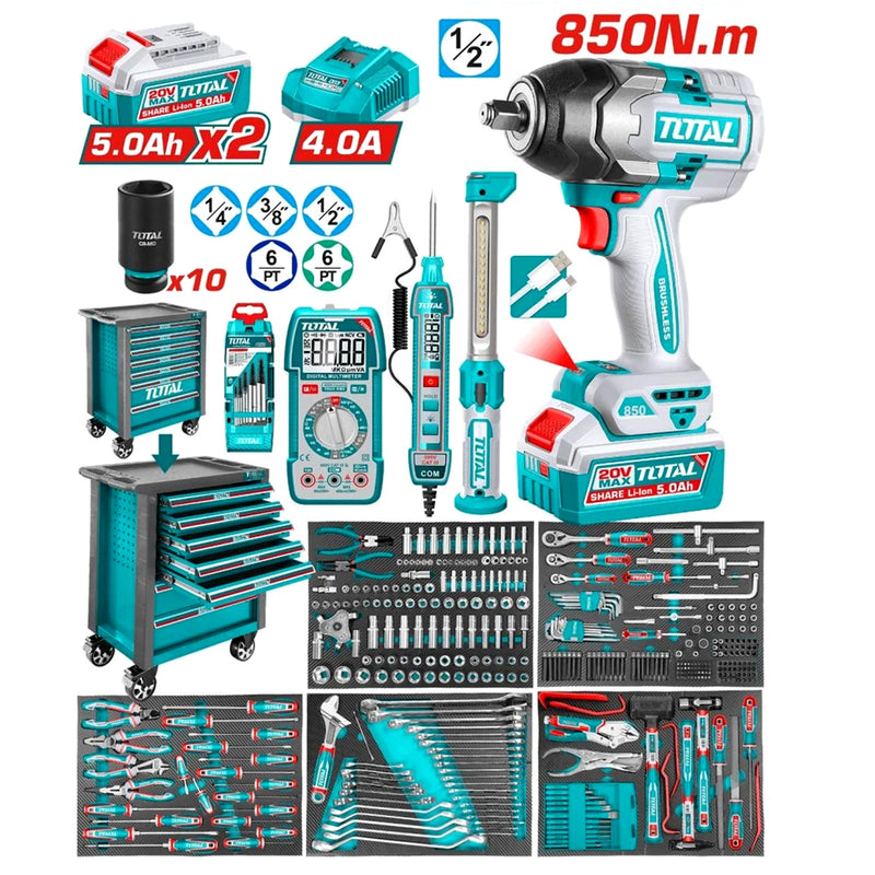 Bộ xe đẩy dụng cụ, kèm máy siết bu lông cốt 1/2 inch, 369 chi tiết Total THPTCS83692