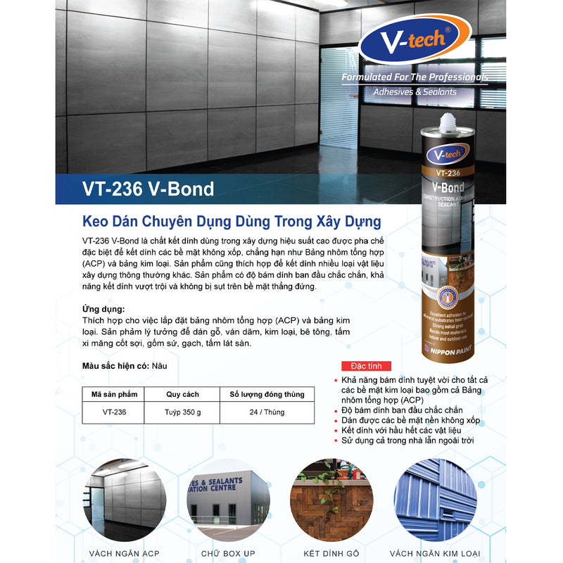 Keo dán V-Bond dùng trong xây dựng, ngoài trời VTech VT-236, trọng lượng 300g