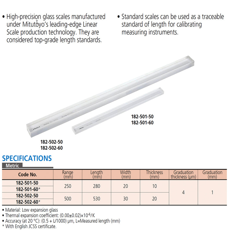 Thước thanh vạch chuẩn bằng thủy tinh Mitutoyo (Standard Scales) - SERIES 182 | Vật liệu siêu chính xác với hệ số giản nở cực thấp