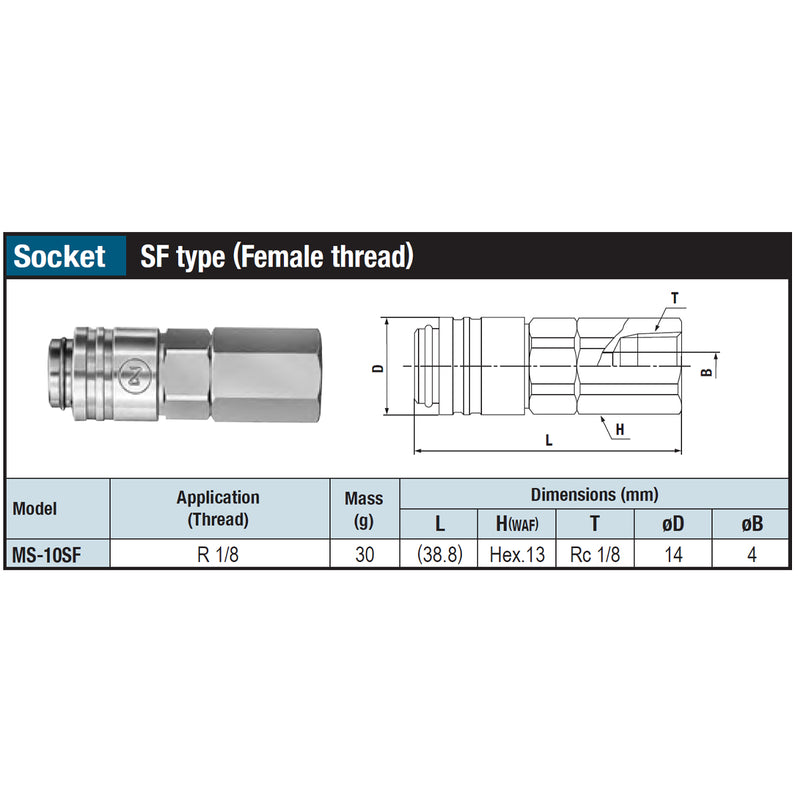 Đầu nối nhanh Small Cupla SF-Type (Socket) chất liệu đồng mạ chrome, kiểu kết nối ren trong R 1/8