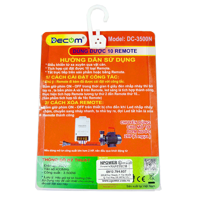 Thiết bị điều khiển từ xa Decom DC-3500N chuyên dùng cho mô tơ, khoảng cách điều khiển từ 20m - 50m
