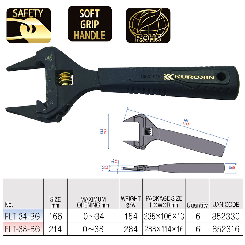 Mỏ lết đầu siêu mỏng Fujiya FLT-BG Series (Kurokin) kích thước từ 166mm - 214mm, mở hàm tối đa từ 34mm - 38mm