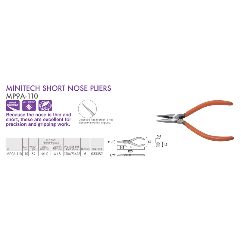 Kìm mũi nhọn mini, có lò xo trợ lực, hàm kẹp trơn Fujiya MP9A-110 kích thước 110mm