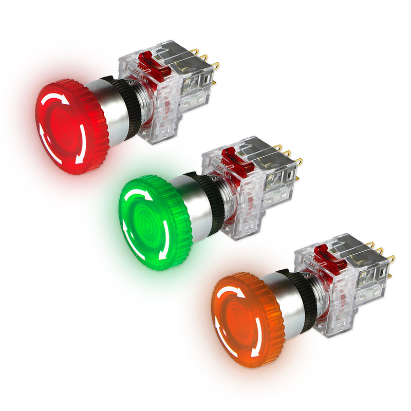 Công tắc dừng khẩn cấp tích hợp đèn báo, viền chrome Hanyoung Nux DRA-R series, Lỗ khoét Ø16mm