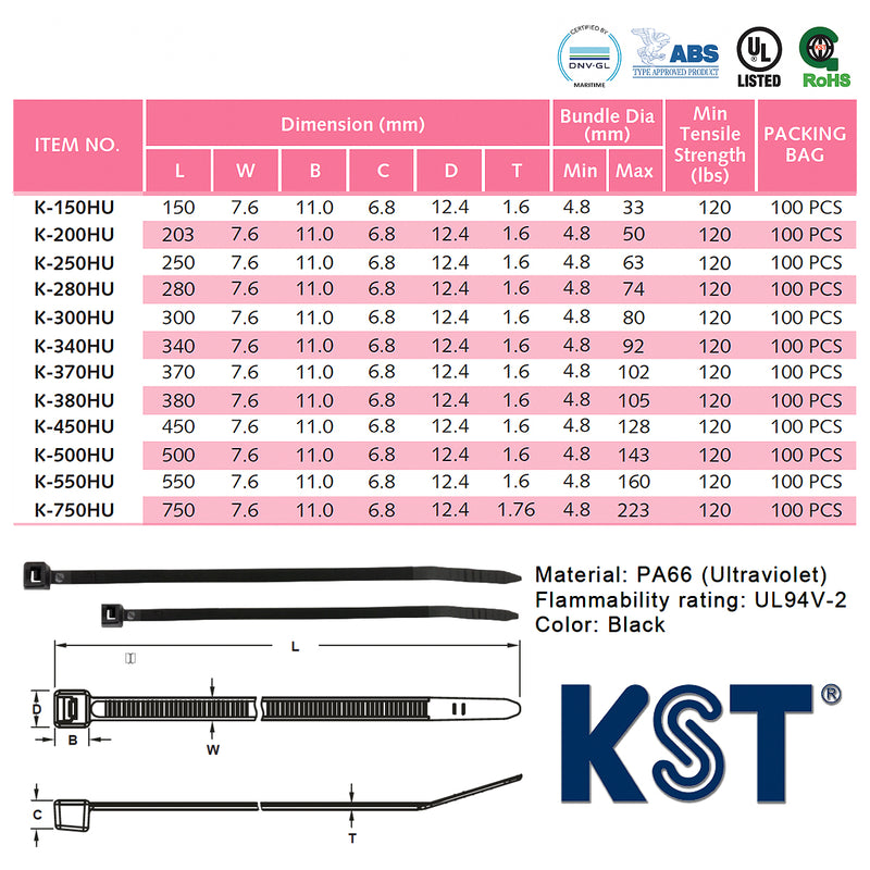 Dây rút nhựa đen KST cao cấp chống tia UV và chịu thời tiết khắc nghiệt, tiêu chuẩn quốc tế, dài 150mm -750mm, bản rộng 7.6mm (Size HU)