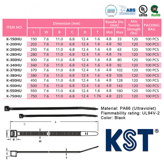 Dây rút nhựa đen KST cao cấp chống tia UV và chịu thời tiết khắc nghiệt, tiêu chuẩn quốc tế, dài 150mm -750mm, bản rộng 7.6mm (Size HU)