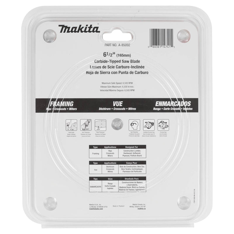 Lưỡi cưa gỗ TCT Makita A-85092 đường kính 165mm, 24 răng kiểu ATB, lỗ cốt 15,88mm
