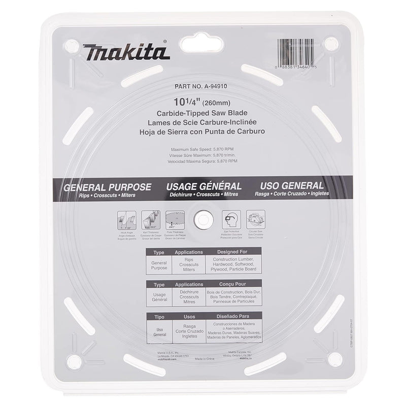 Lưỡi cưa gỗ TCT Makita A-94910 đường kính 260mm, 24 răng kiểu ATB, lỗ cốt 15.88mm