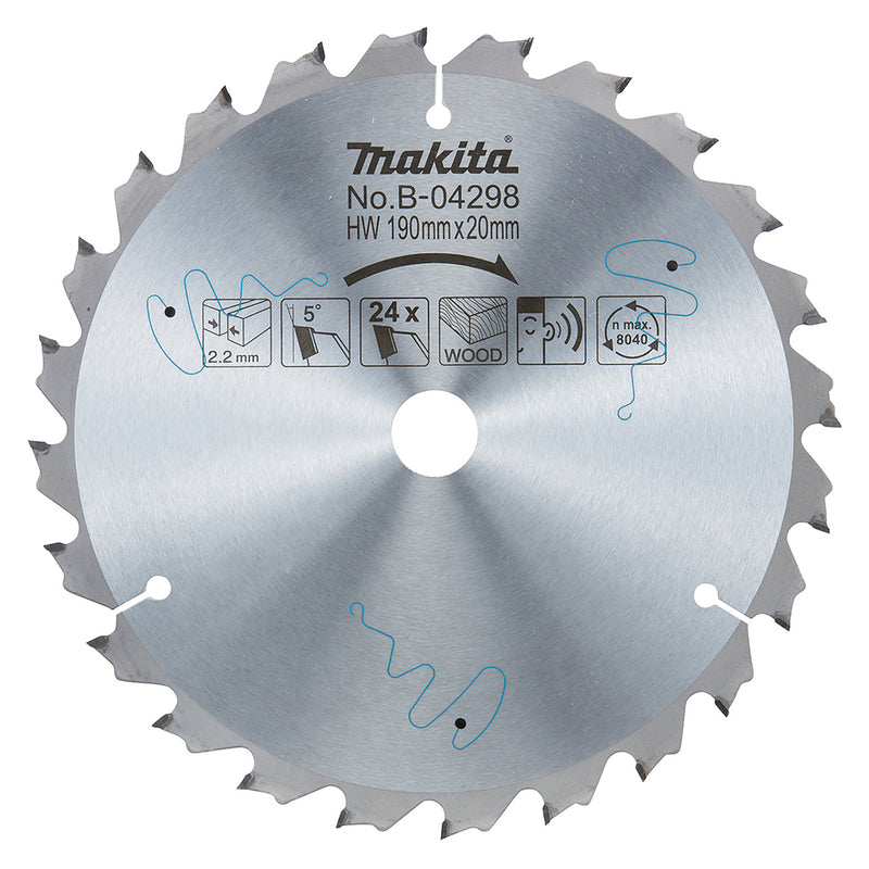 Lưỡi cưa gỗ TCT Makita B-04298 đường kính 190mm, 24 răng kiểu ATB, lỗ cốt 20mm