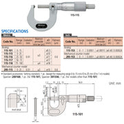 Panme Mitutoyo Series 115 - Tube Micrometers đo độ dày thành ống chính xác, đầu đo cầu, trục đo phẳng.