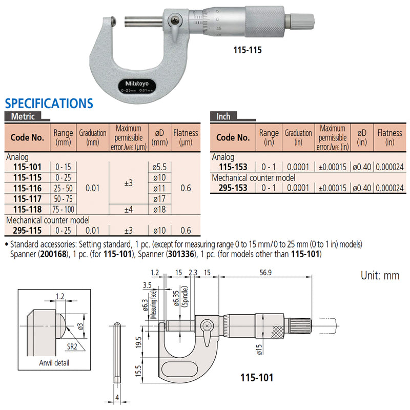 Panme Mitutoyo Series 295 - Tube Micrometers | Đo độ dày thành ống | Dùng bộ đếm số cơ
