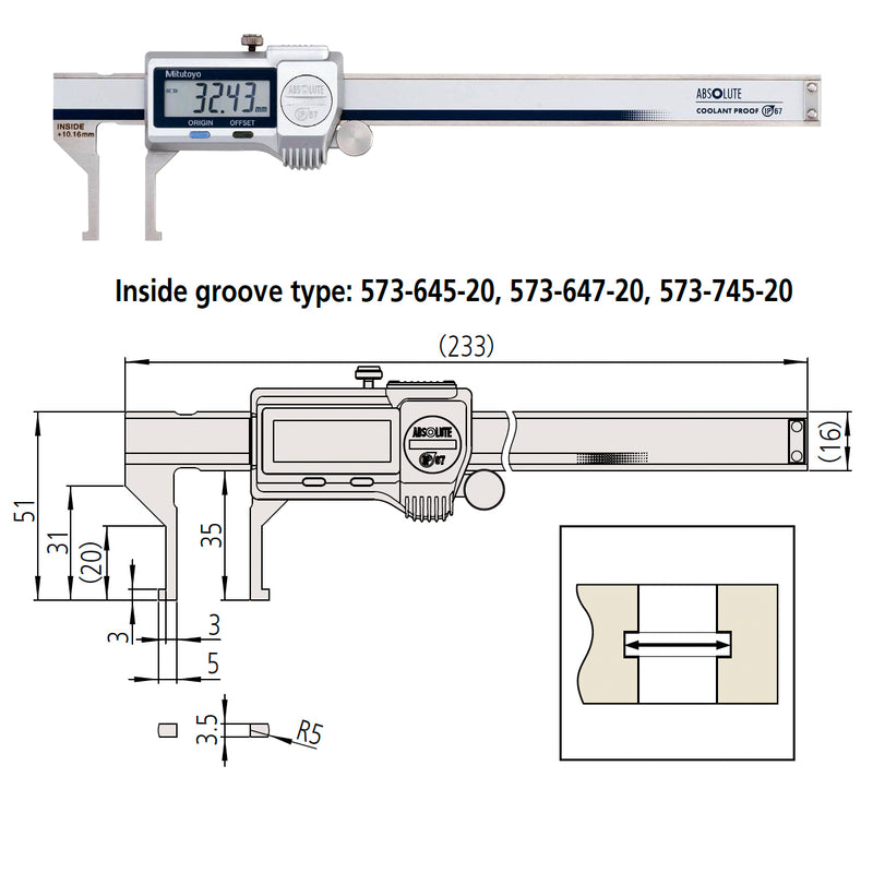 Thước kẹp điện tử Mitutoyo Series 573, ABSOLUTE Digimatic Inside Caliper - Groove Jaw, Chuyên đo lòng rãnh trong