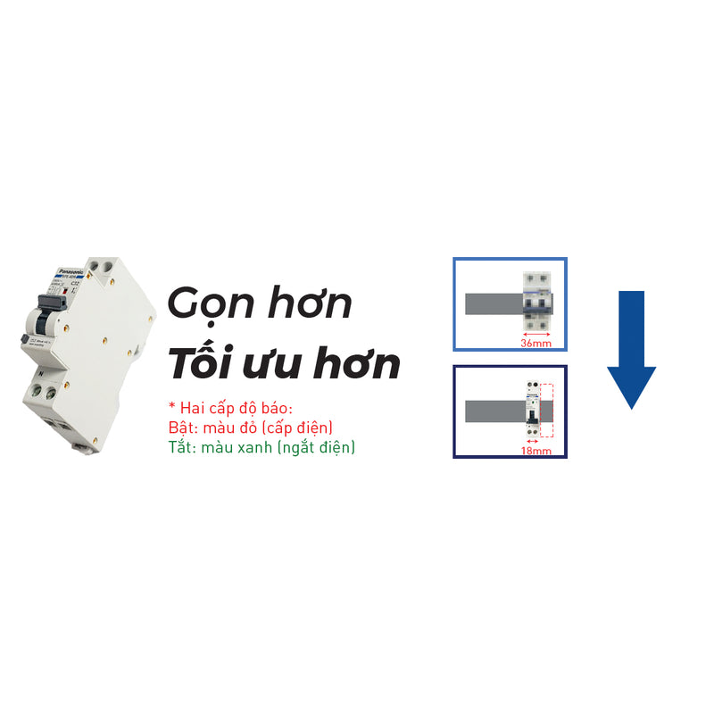 Cầu dao chống giật RCBO Panasonic (2P1E thân mỏng) có bảo vệ quá tải, ngắn mạch và chống rò, lắp thanh ray, tải định mức từ 6A ~ 63A, dòng rò 30mA, dòng cắt 6kA