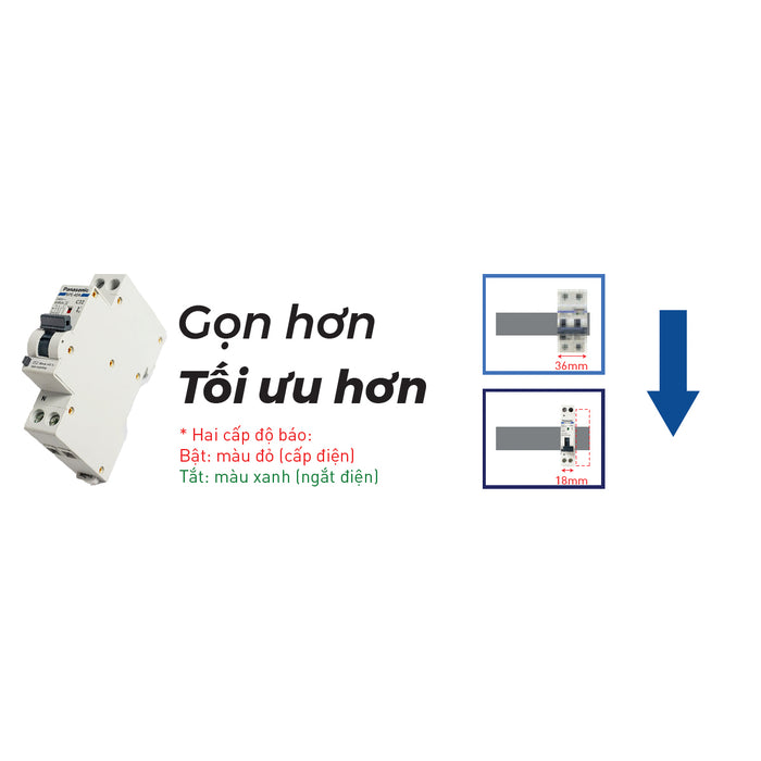 Cầu dao chống giật RCBO Panasonic (2P1E thân mỏng) có bảo vệ quá tải, ngắn mạch và chống rò, lắp thanh ray, tải định mức từ 6A ~ 63A, dòng rò 30mA, dòng cắt 6kA