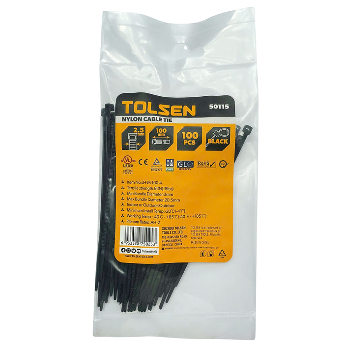 Dây rút đen công nghiệp 100mm - 450mm, chất liệu Nylon 66 TOLSEN