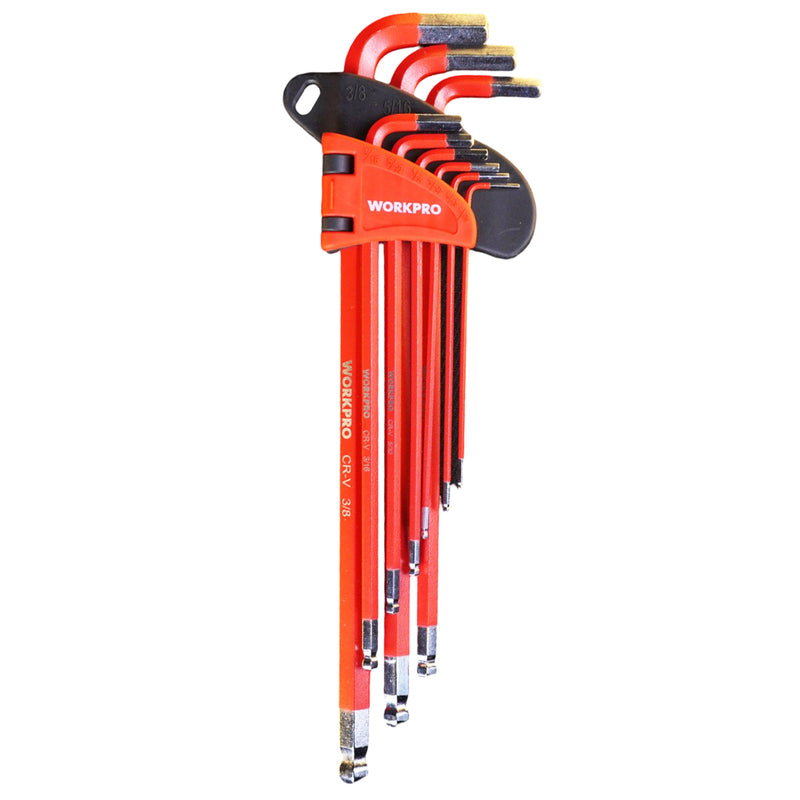 Bộ lục giác đầu bi thân dài 9 chi tiết, hệ inch Workpro WP222013 kích thước từ 1/16 inch - 3/8 inch