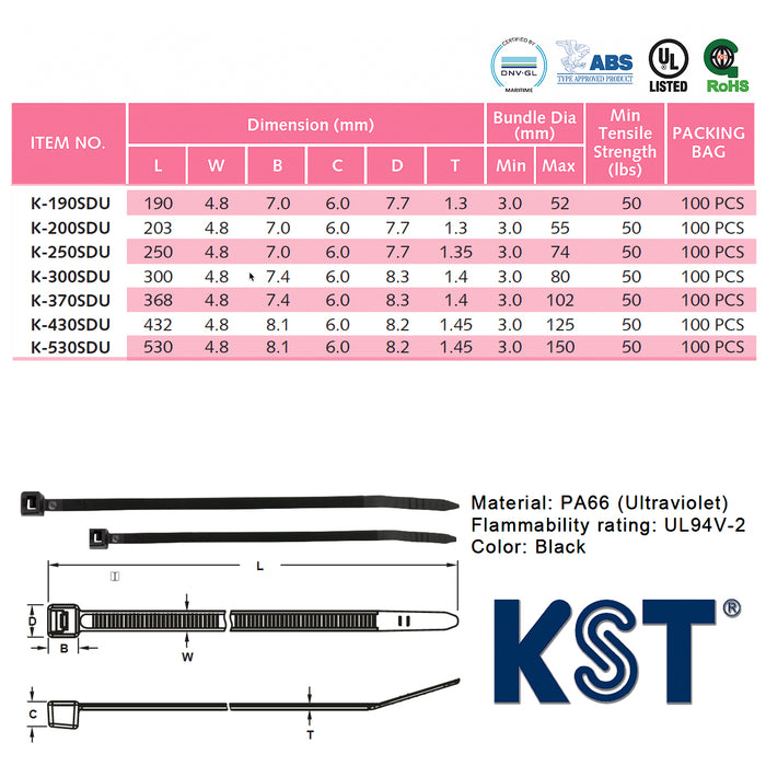 Dây rút nhựa đen KST cao cấp chống tia UV và chịu thời tiết khắc nghiệt, tiêu chuẩn quốc tế, dài 160mm -530mm, bản rộng 4.8mm (Size SD)
