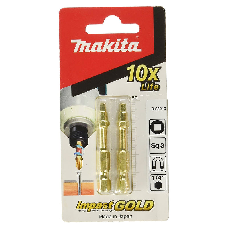 Vĩ 2 mũi vít vuông (SQ) Torsion Impact Gold Makita kích thước từ SQ1 - SQ3, chiều dài 50mm, đuôi lục giác 6.35mm (1/4 inch)