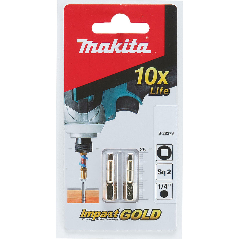 Vĩ 2 mũi vít vuông (SQ) Torsion Impact Gold Makita kích thước từ SQ1 - SQ3, chiều dài 25mm, đuôi lục giác 6.35mm (1/4 inch)