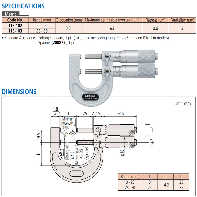 Panme Mitutoyo Series 113 - Limit Micrometers | Panme kiểm giới hạn, trục đo kép