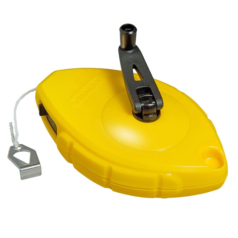 Dây bật mực Stanley 47-440 vỏ nhựa ABS màu vàng có cửa trượt nạp bột, tay quay gập gọn tỷ số truyền 3.5:1 và móc thép không gỉ